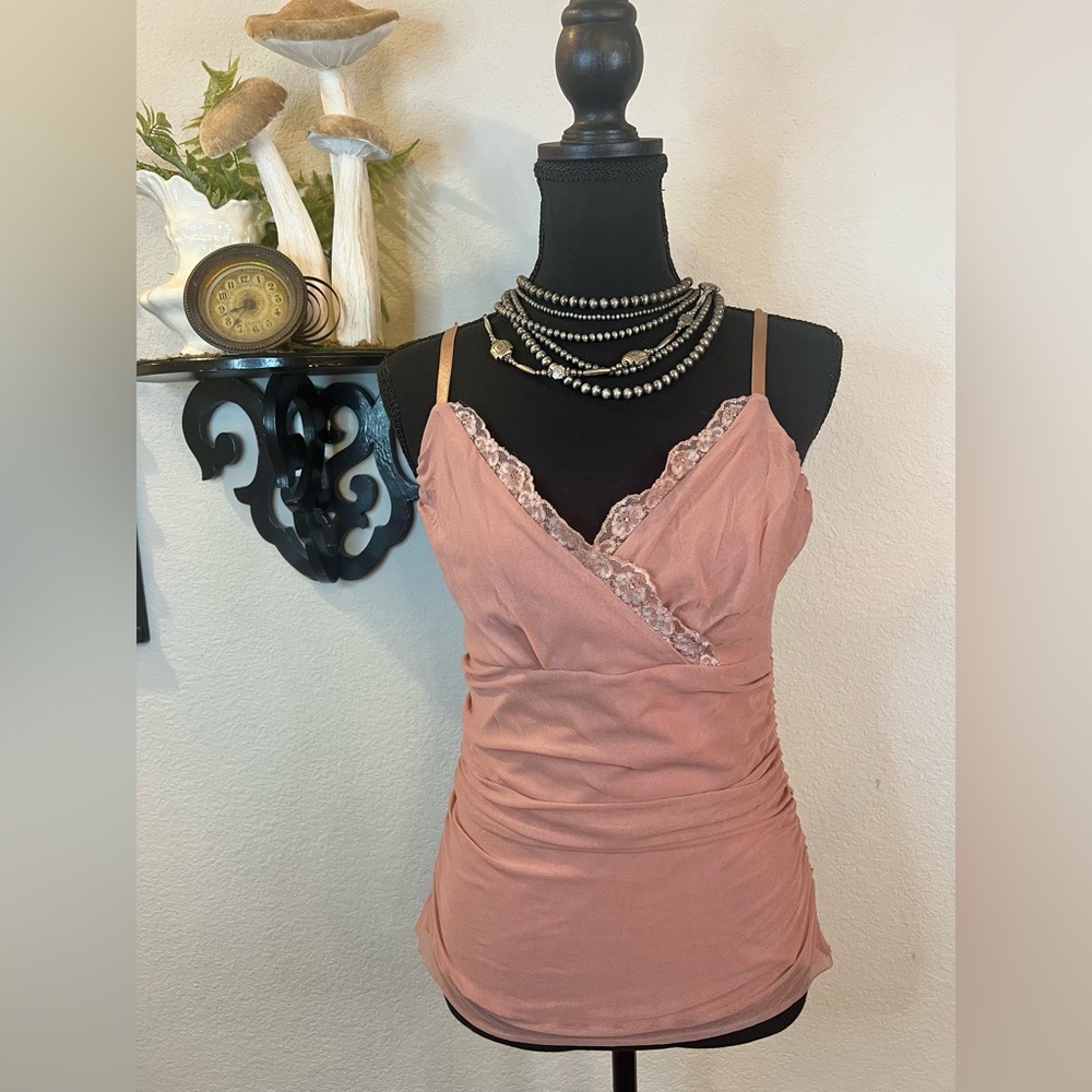 Merona Y2K Style Blush Pink Mesh Ruched Lace Trim Cami Blouse Sz M See Details